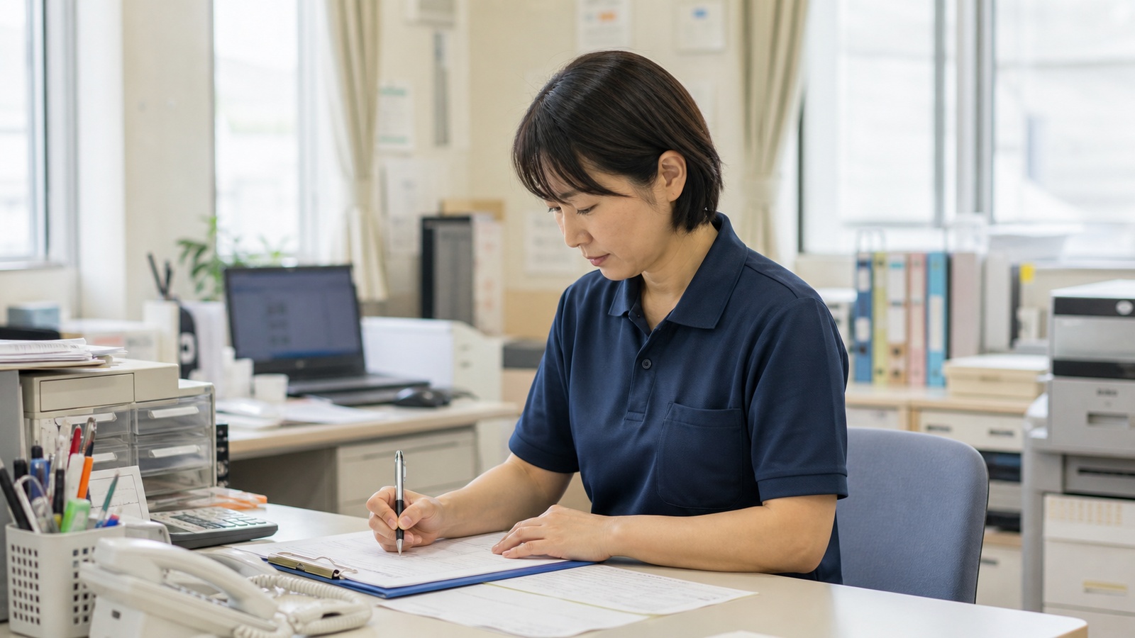 介護事業所の事務スペースで記録を書いているスタッフ