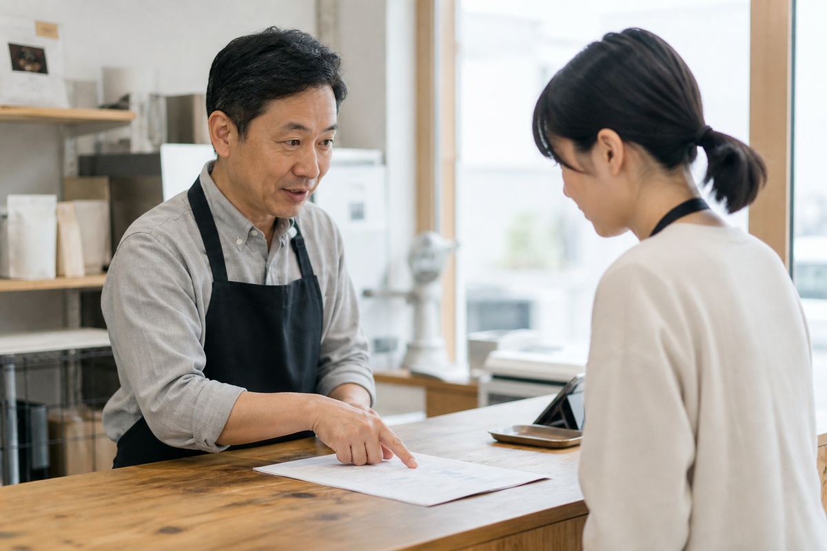 店長が新人に手順を説明している様子