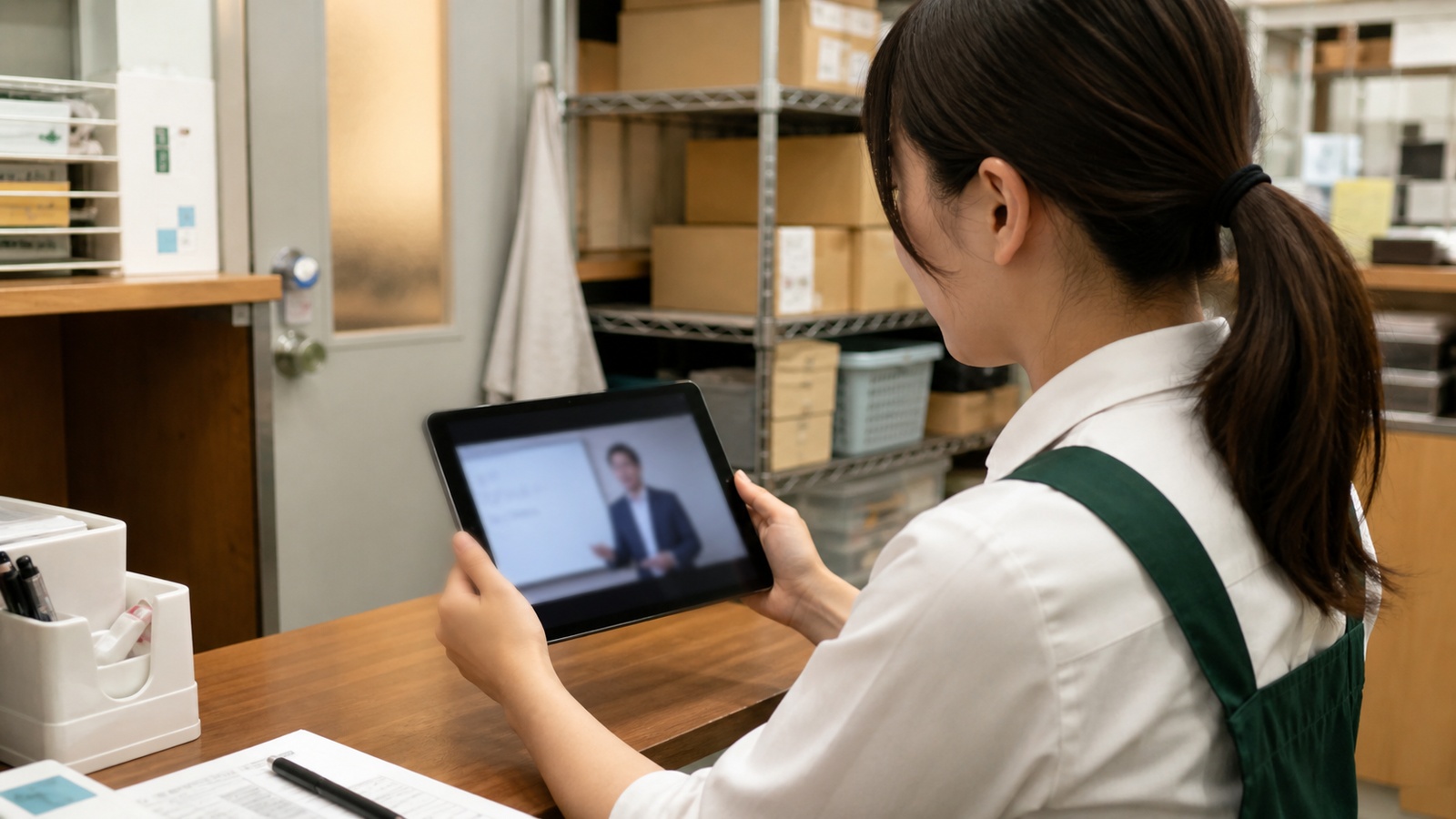 店舗のバックヤードで研修動画を見ているスタッフ